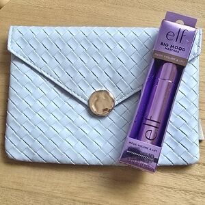 Ipsy Light Blue Weave Pattern Makeup Clutch & Elf Big Mood Mascara